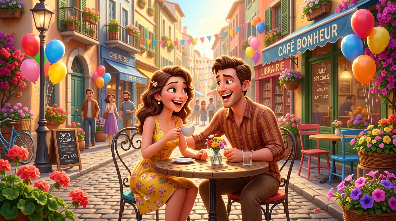 Joyful Couple in Cafe Street